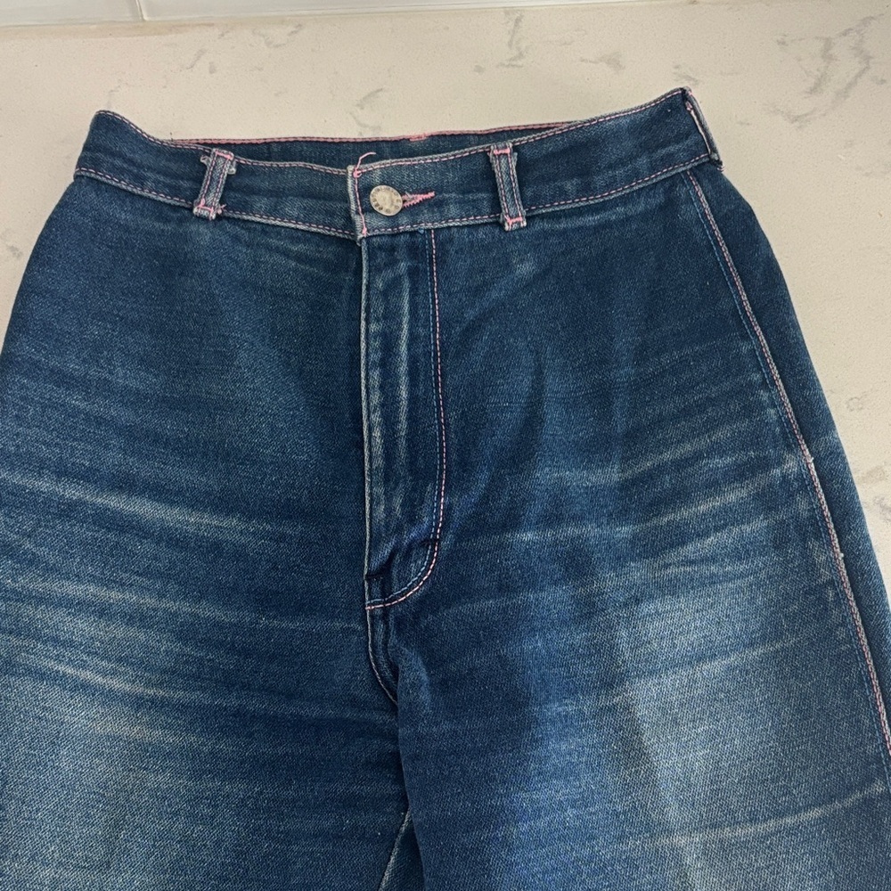 Vintage 70s Pentimento Women's Straight Leg Jeans in Dark Blue and Pink Stiching